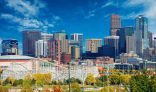 Downtown Denver City Skyline and the Blue Sky.