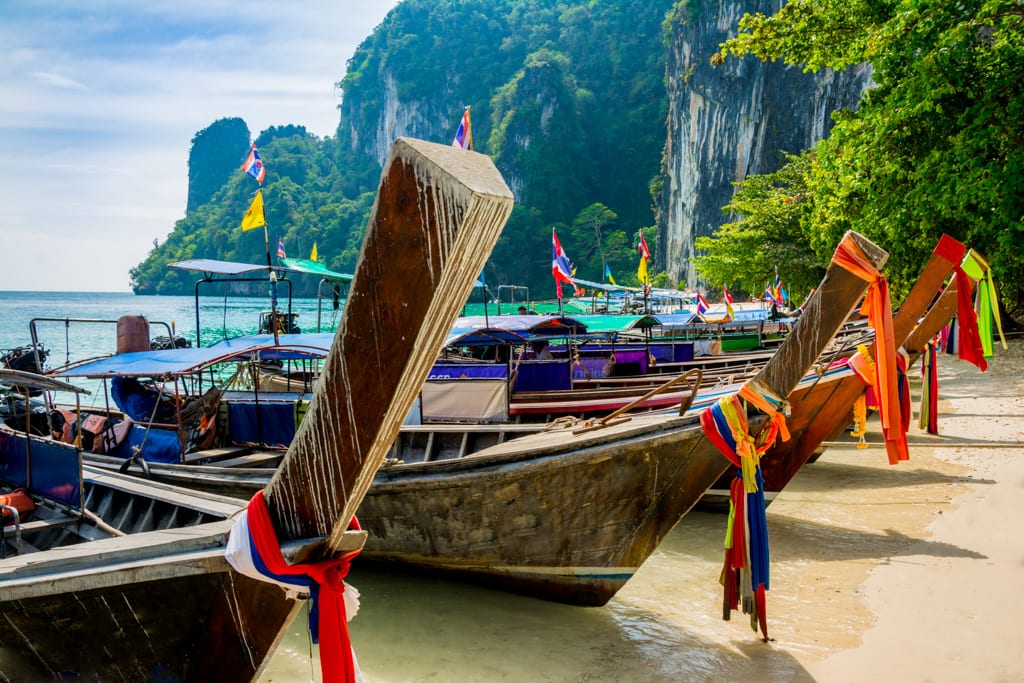 Long tail boats in Ko Hong Island, part of Krabi province in Thailand.