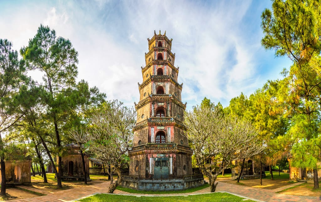 Panorama of Thien Mu Pagoda in Hue, Vietnam