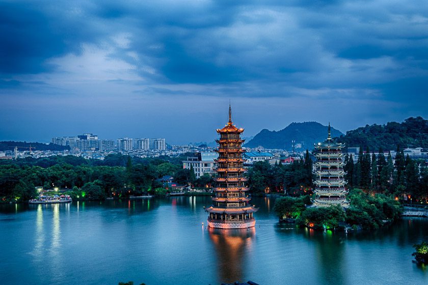 Sun And Moon Pagodas in Shanhu Lake